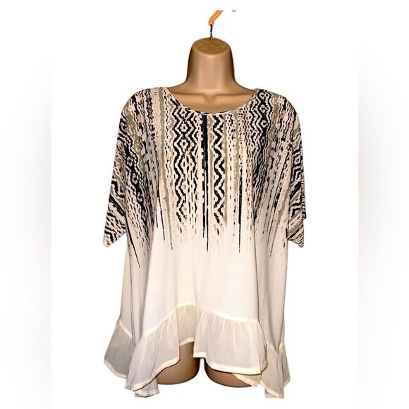 Cato Semi Sheer Blouse XL Ruffle hem Cream Black casual party Like new - Picture 1 of 5